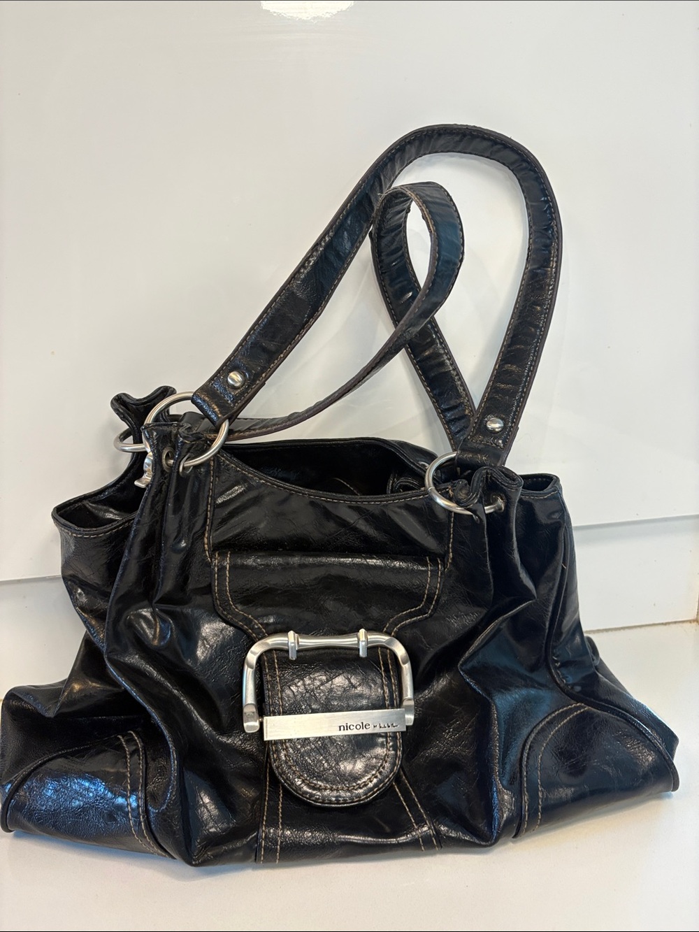 Nicole by Nicole Miller Black Faux Leather Shoulder Tote with Front Buckle
